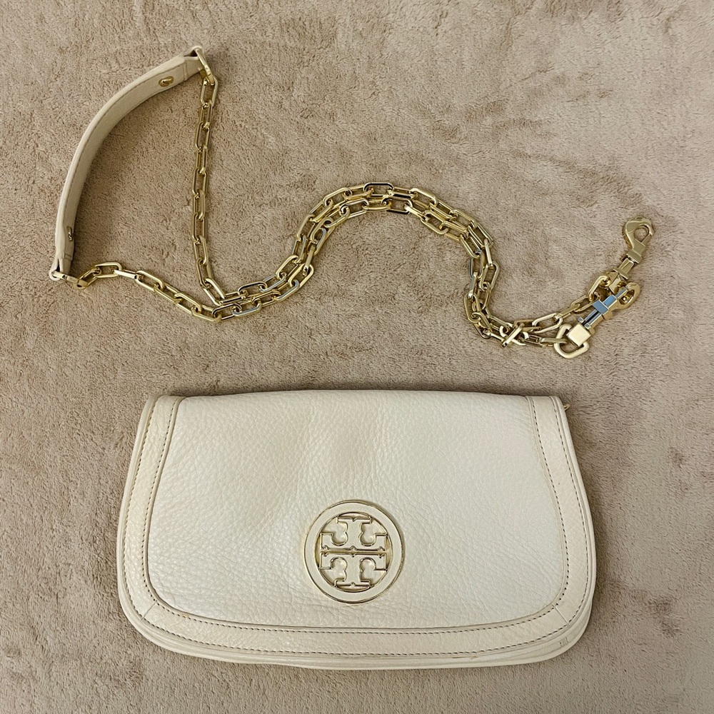Tory Burch Crossbody Shoulder Clutch Purse Bag (White and Gold)